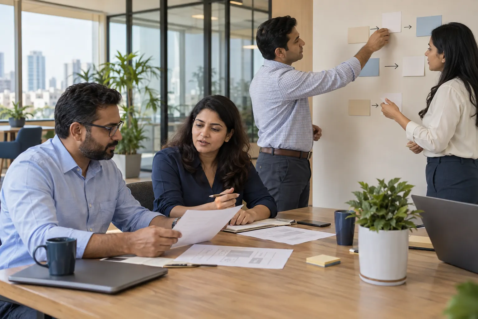Illustrative professionals collaborating on business-process review in a modern office