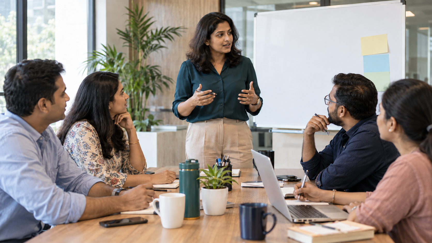 Professionals in a focused workplace communication workshop